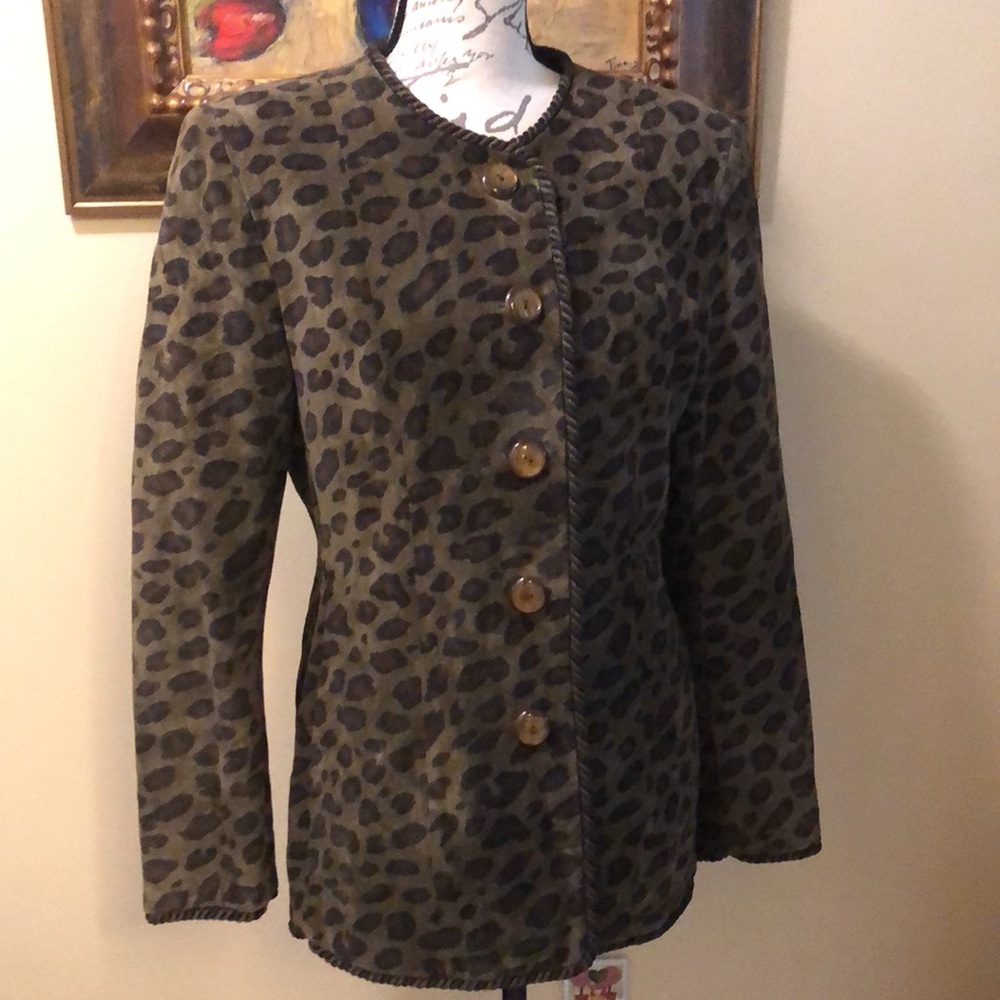 Carlisle Suede leopard print rope satin ribbon trim button down no collar jacket